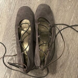 Stuart Weitzman, gray suede lace up block heels.